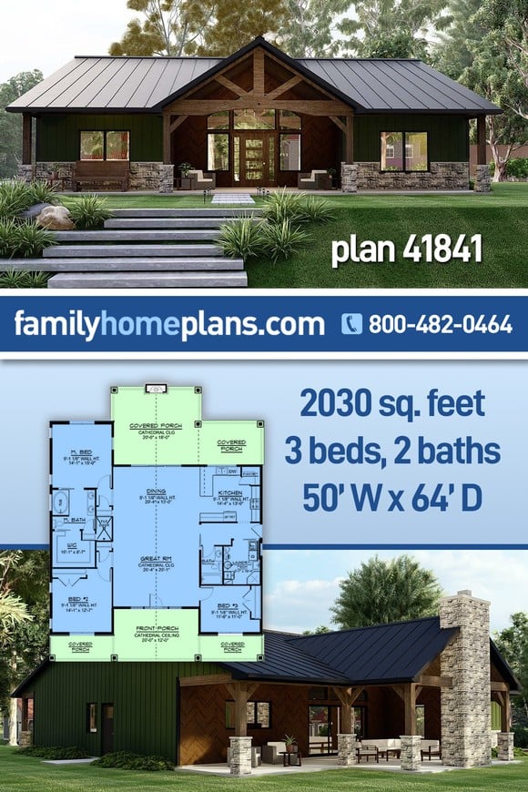 Barndominium, Bungalow, Craftsman House Plan 41841 with 3 Beds, 2 Baths, 2 Car Garage