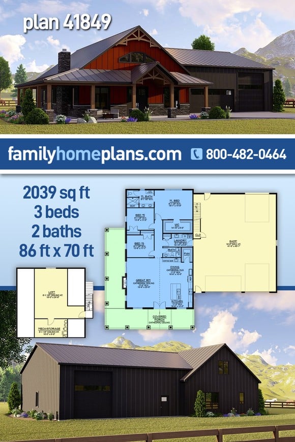 Barndominium, Craftsman, Farmhouse House Plan 41849 with 3 Beds, 2 Baths, 3 Car Garage