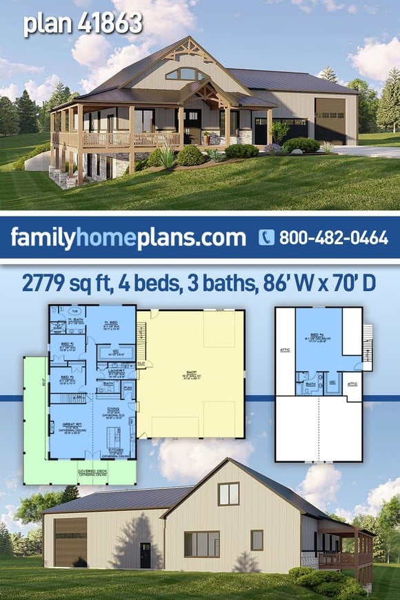Barndominium, Craftsman, Farmhouse House Plan 41863 with 4 Beds, 3 Baths, 4 Car Garage