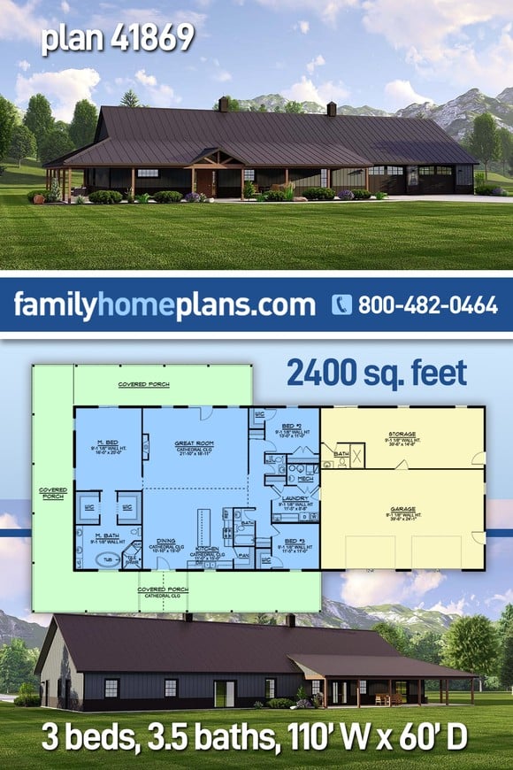 Barndominium, Ranch House Plan 41869 with 3 Beds, 4 Baths, 2 Car Garage