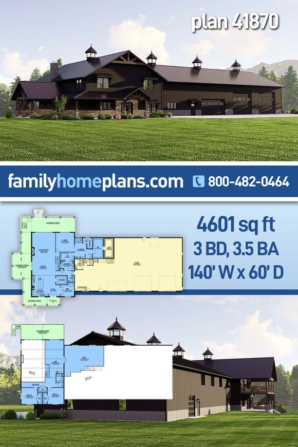 Barndominium House Plan 41870 with 3 Beds, 4 Baths, 4 Car Garage