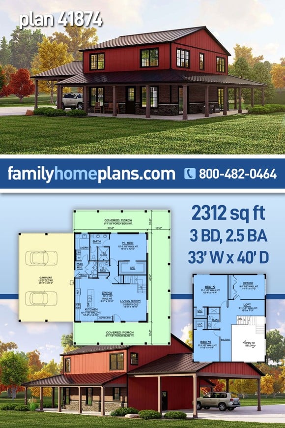 Barndominium, Country House Plan 41874 with 3 Beds, 3 Baths, 2 Car Garage