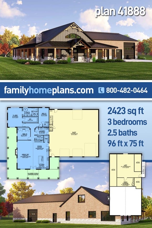 Barndominium House Plan 41888 with 3 Beds, 3 Baths, 3 Car Garage