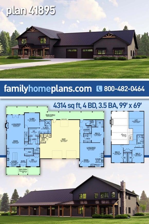 Barndominium House Plan 41895 with 4 Beds, 5 Baths, 2 Car Garage