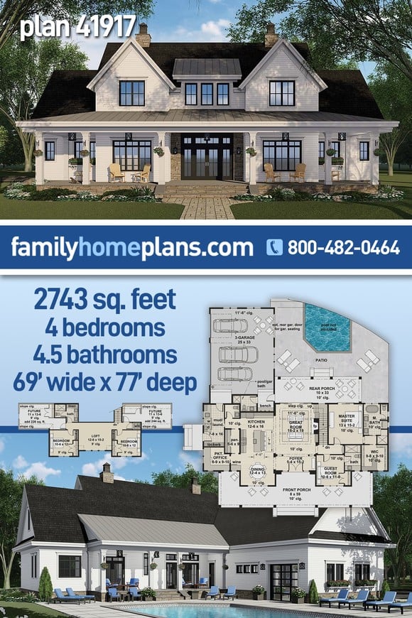 Country, Farmhouse, New American Style House Plan 41917 with 4 Beds, 5 Baths, 3 Car Garage