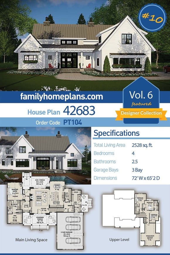 Country, Farmhouse, Traditional House Plan 42683 with 4 Beds, 3 Baths, 3 Car Garage