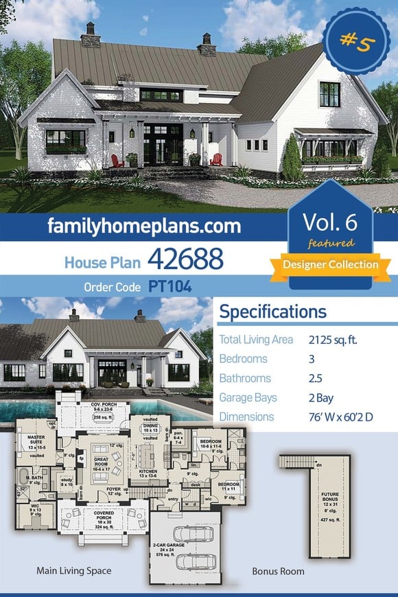 Country, Farmhouse, Southern, Traditional House Plan 42688 with 3 Beds, 3 Baths, 2 Car Garage