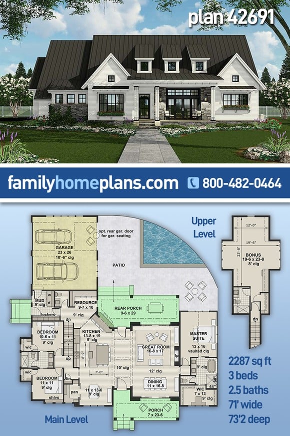 Country, Farmhouse, Traditional House Plan 42691 with 3 Beds, 3 Baths, 2 Car Garage