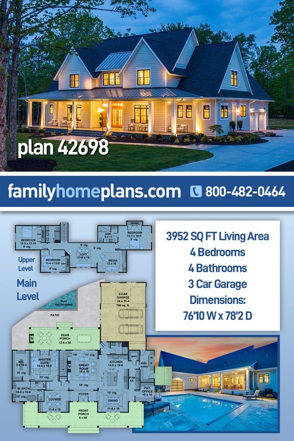 Country, Farmhouse, Traditional House Plan 42698 with 4 Beds, 4 Baths, 3 Car Garage