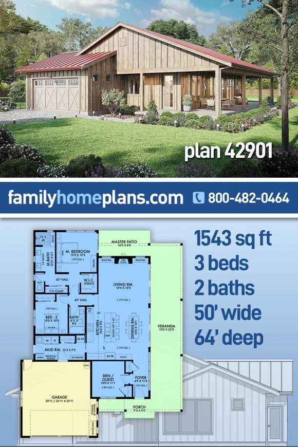 Barndominium, Country, Farmhouse House Plan 42901 with 3 Beds, 2 Baths, 2 Car Garage