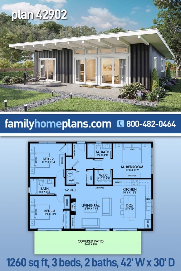 Contemporary, Modern House Plan 42902 with 3 Beds, 2 Baths