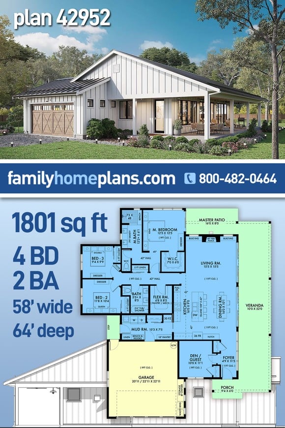 Barndominium, Country, Farmhouse, Ranch House Plan 42952 with 4 Beds, 2 Baths, 2 Car Garage