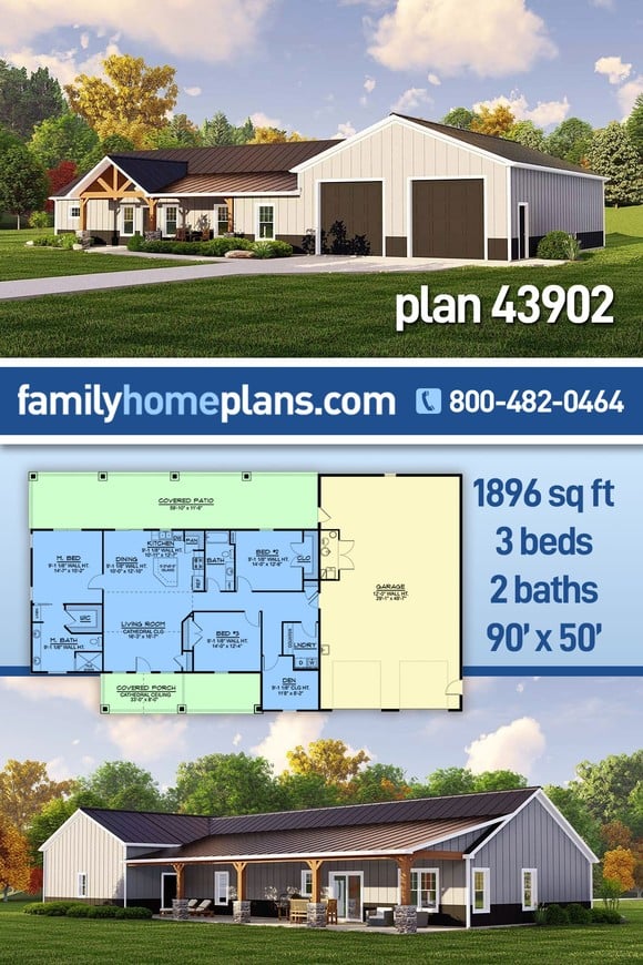 Barndominium, Country House Plan 43902 with 3 Beds, 2 Baths, 2 Car Garage
