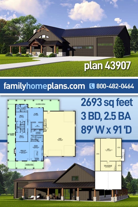Barndominium House Plan 43907 with 3 Beds, 4 Baths, 4 Car Garage