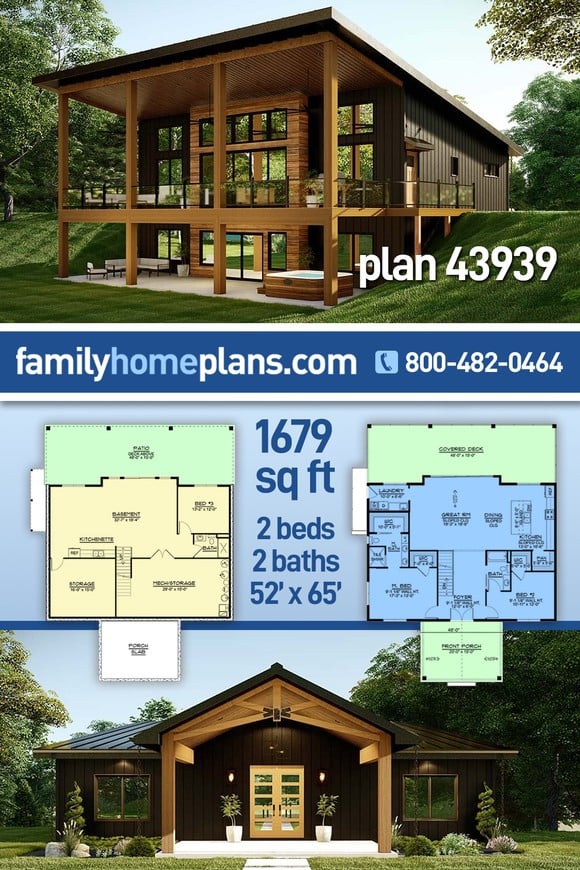 Contemporary, Modern House Plan 43939 with 2 Beds, 2 Baths