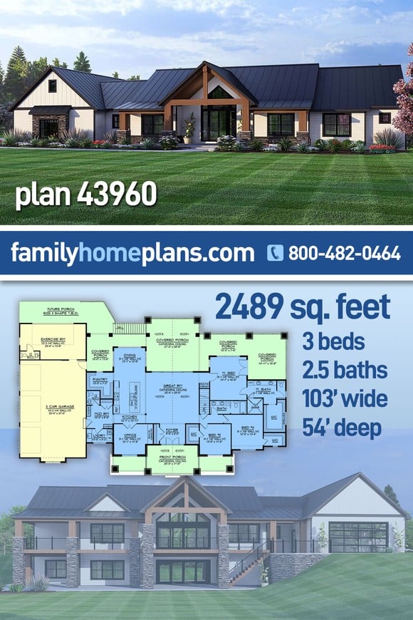 Country, Craftsman, Ranch House Plan 43960 with 3 Beds, 4 Baths, 3 Car Garage