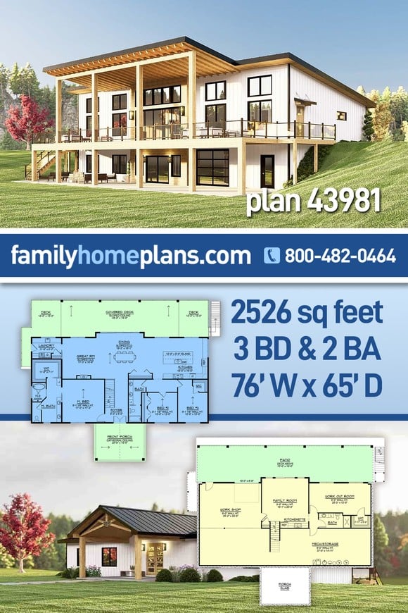 Contemporary, Modern House Plan 43981 with 3 Beds, 2 Baths