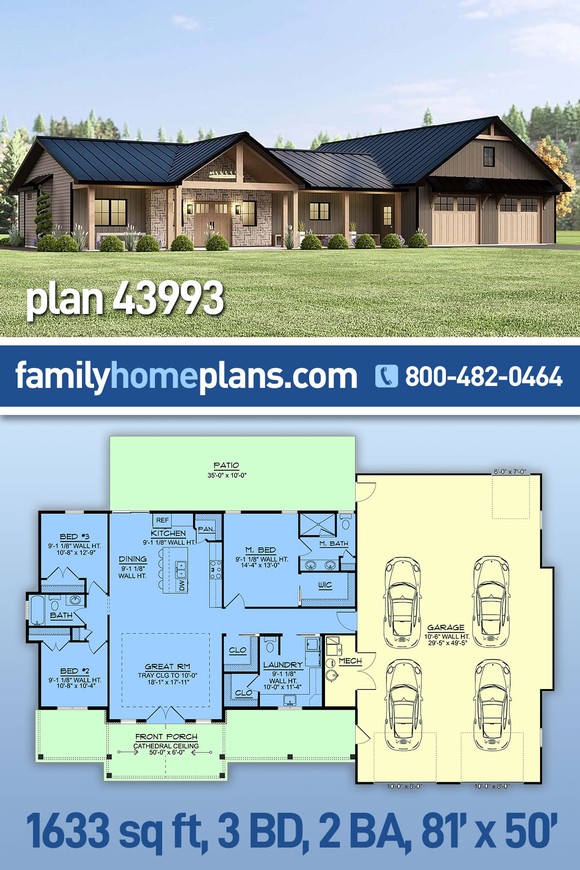 Barndominium, Country, Ranch House Plan 43993 with 3 Beds, 2 Baths, 4 Car Garage