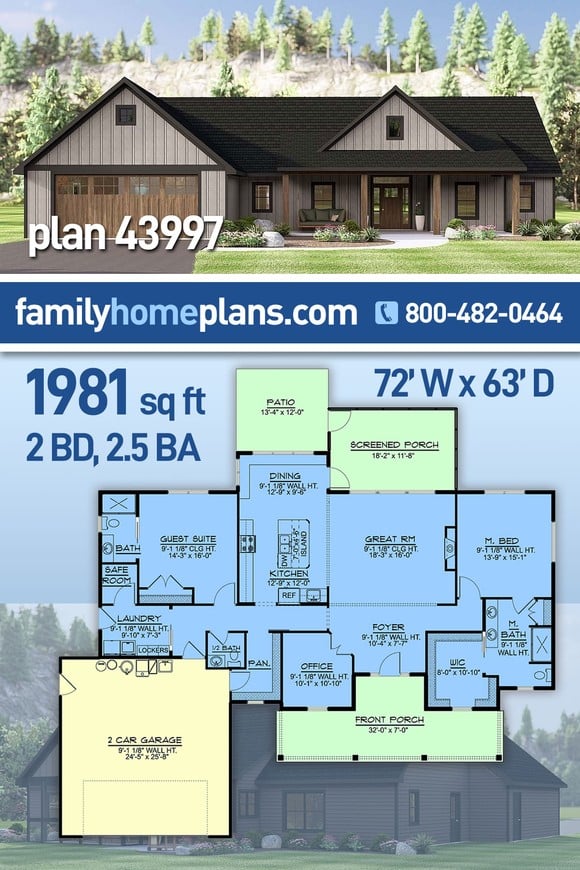 Country, Ranch House Plan 43997 with 2 Beds, 3 Baths, 2 Car Garage