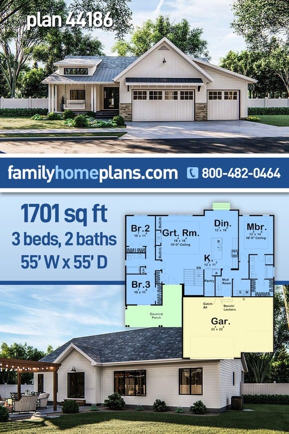 Cottage, New American Style, Ranch, Traditional House Plan 44186 with 3 Beds, 2 Baths, 3 Car Garage