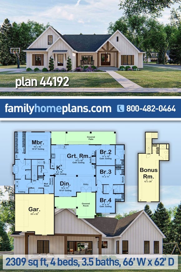 Craftsman, Farmhouse, New American Style, Traditional House Plan 44192 with 4 Beds, 4 Baths, 2 Car Garage