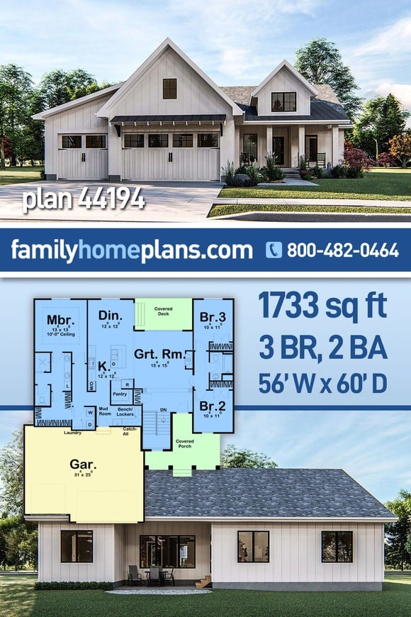 Farmhouse, New American Style, Southern, Traditional House Plan 44194 with 3 Beds, 2 Baths, 3 Car Garage