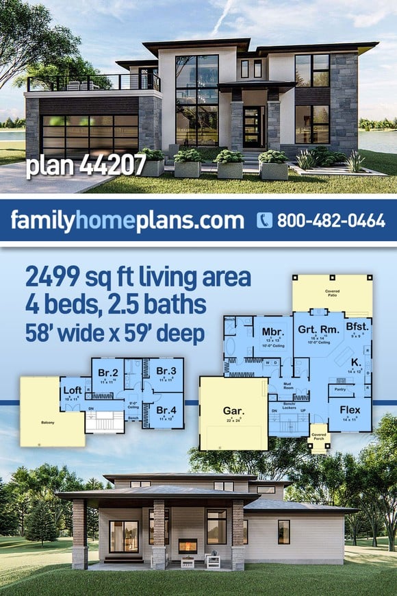 Contemporary, Modern House Plan 44207 with 4 Beds, 3 Baths, 2 Car Garage