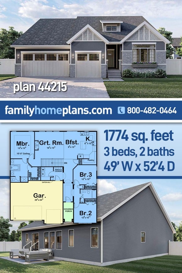 Cottage, Craftsman, Ranch House Plan 44215 with 3 Beds, 2 Baths, 3 Car Garage