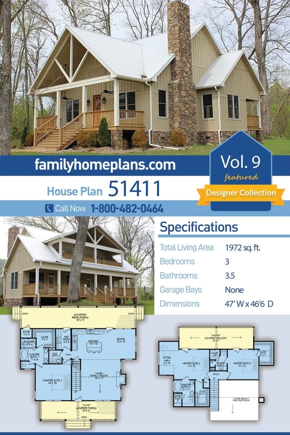 Cabin, Country, Farmhouse House Plan 51411 with 3 Beds, 4 Baths