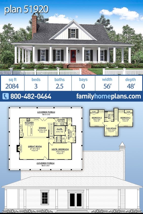 Cottage, Country, Craftsman, Southern, Traditional House Plan 51920 with 3 Beds, 3 Baths