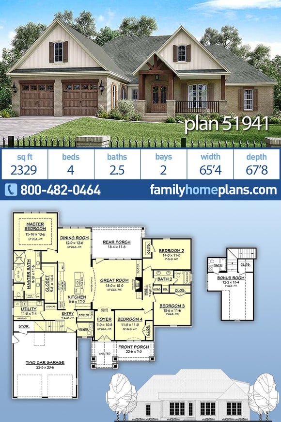 Country, Craftsman, Farmhouse, Traditional House Plan 51941 with 4 Beds, 3 Baths, 2 Car Garage