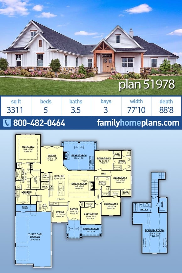 Cottage, Craftsman, Southern House Plan 51978 with 5 Beds, 4 Baths, 3 Car Garage