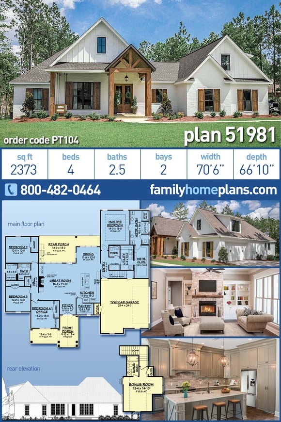 Country, Craftsman, Farmhouse, New American Style House Plan 51981 with 4 Beds, 3 Baths, 2 Car Garage