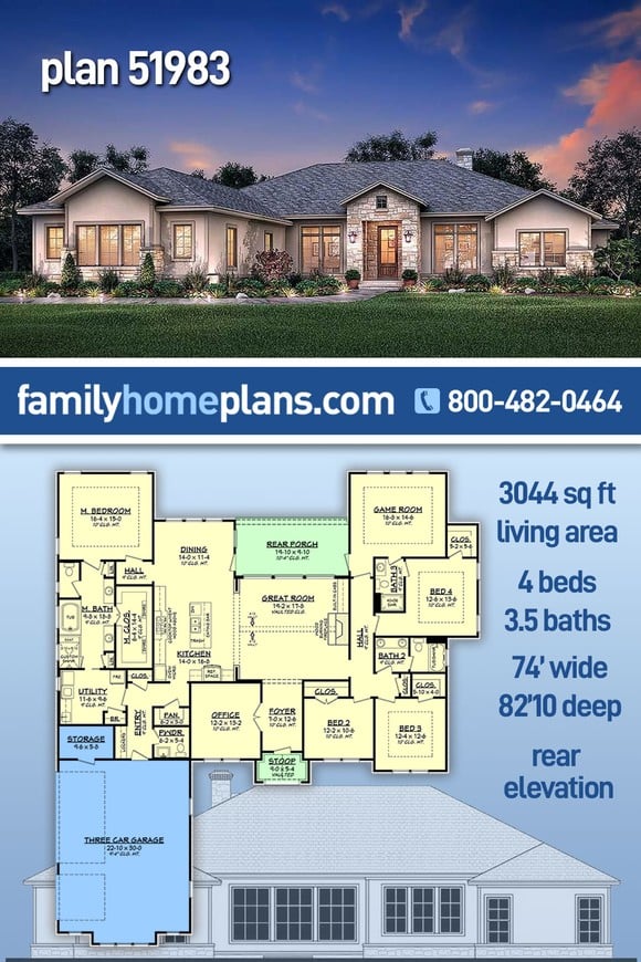 Country, Ranch, Traditional House Plan 51983 with 4 Beds, 4 Baths, 3 Car Garage