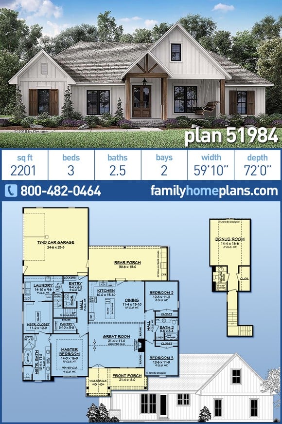Country, Farmhouse, New American Style, Southern House Plan 51984 with 3 Beds, 3 Baths, 2 Car Garage