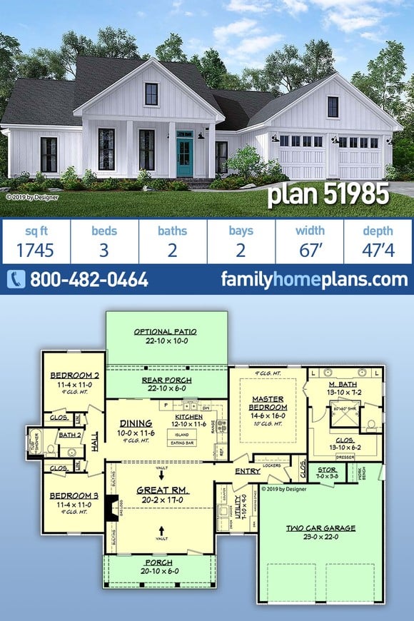 Country, Craftsman, Farmhouse, Southern House Plan 51985 with 3 Beds, 2 Baths, 2 Car Garage
