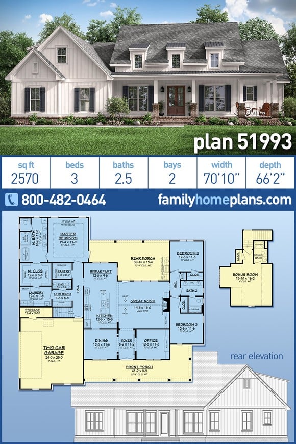 Country, Craftsman, New American Style, Traditional House Plan 51993 with 3 Beds, 3 Baths, 2 Car Garage