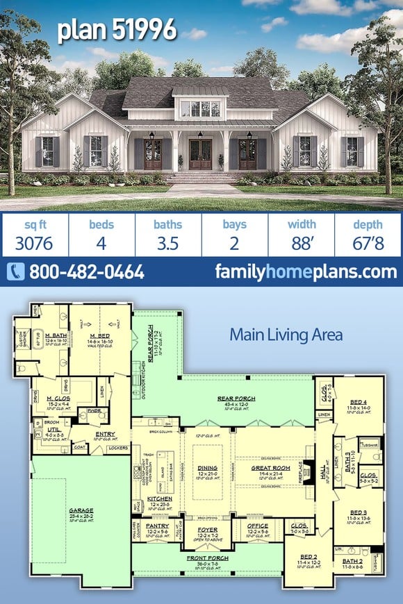 Country, Craftsman, Farmhouse, New American Style House Plan 51996 with 4 Beds, 4 Baths, 2 Car Garage
