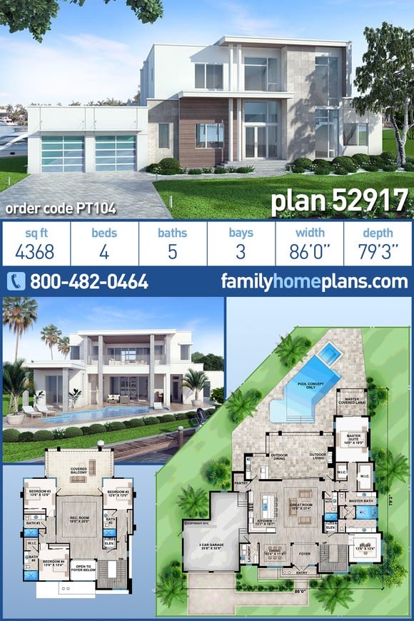 Contemporary, Modern House Plan 52917 with 4 Beds, 5 Baths, 3 Car Garage