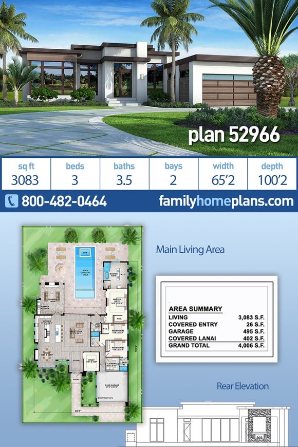 Contemporary, Florida, Modern, Southwest House Plan 52966 with 3 Beds, 4 Baths, 2 Car Garage