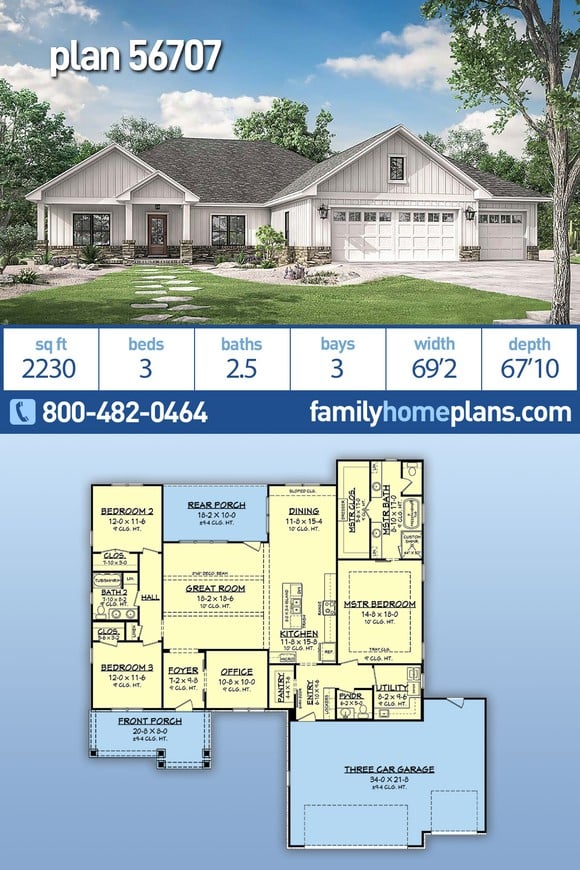 Craftsman, Farmhouse, Ranch House Plan 56707 with 3 Beds, 3 Baths, 3 Car Garage
