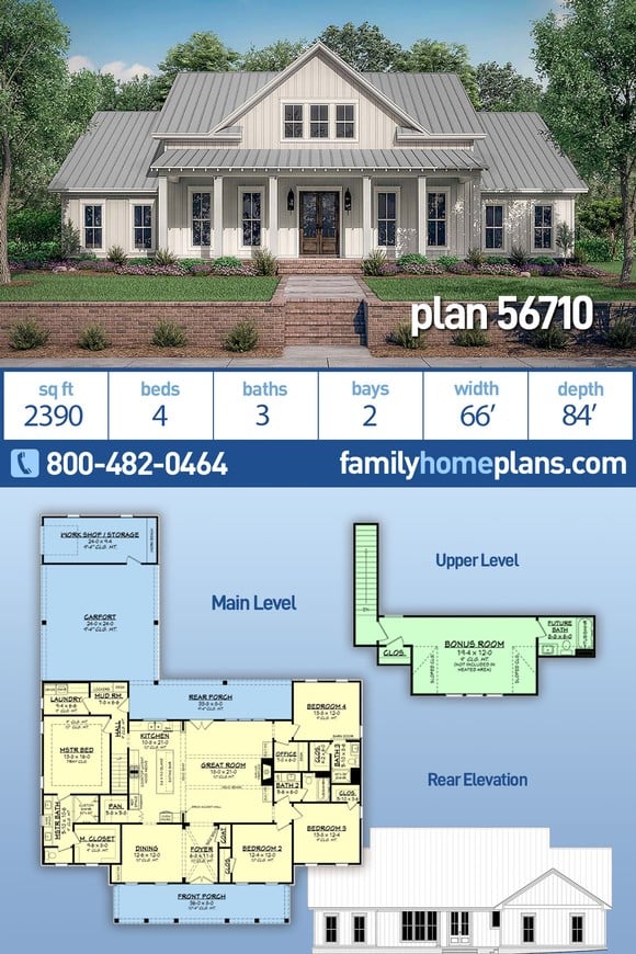 Country, Farmhouse, One-Story, Traditional House Plan 56710 with 4 Beds, 3 Baths, 2 Car Garage