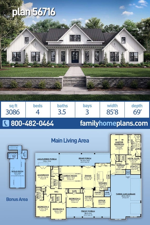 Country, Farmhouse, New American Style, Traditional House Plan 56716 with 4 Beds, 4 Baths, 3 Car Garage