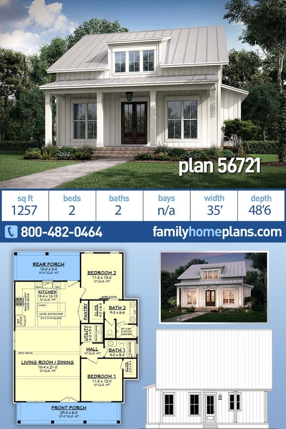 Cottage, Country, Farmhouse House Plan 56721 with 2 Beds, 2 Baths