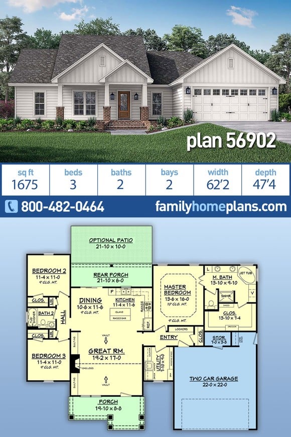 Cottage, Country, Craftsman, New American Style, Traditional House Plan 56902 with 3 Beds, 2 Baths, 2 Car Garage