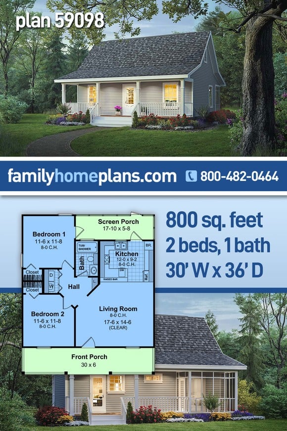 Cottage, Country, Farmhouse House Plan 59098 with 2 Beds, 1 Baths