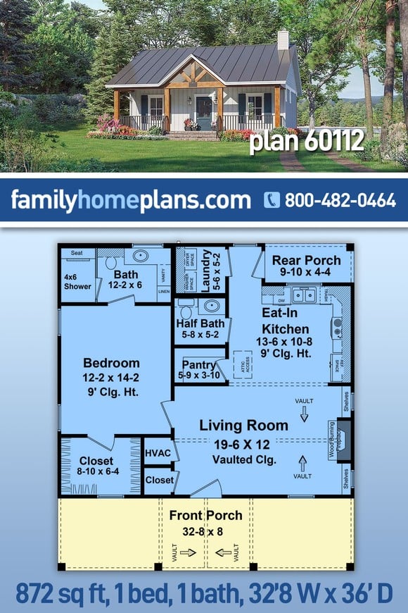 Cottage, Country, Farmhouse, Ranch House Plan 60112 with 1 Beds, 2 Baths