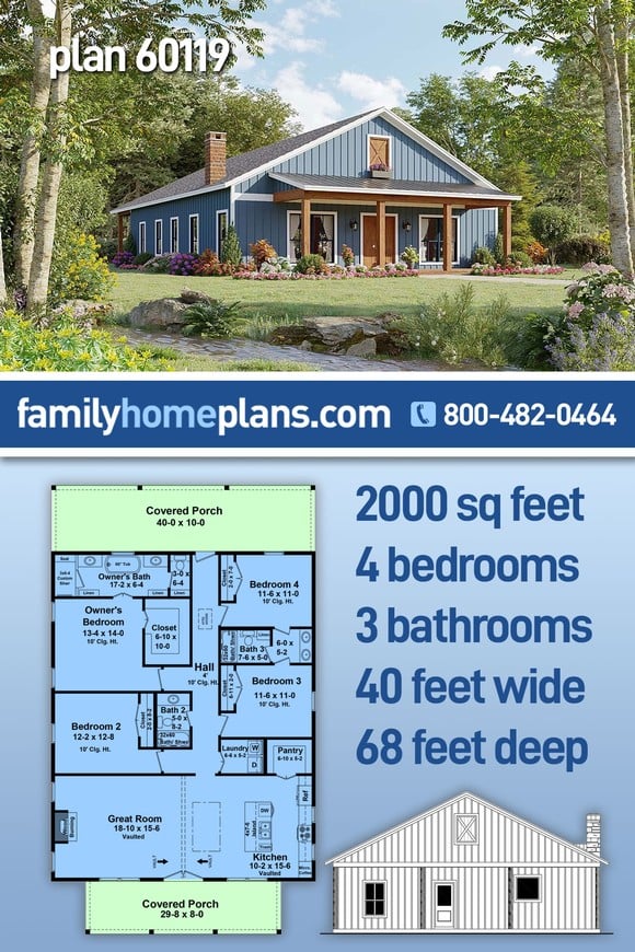 Barndominium, Cottage, Country, Farmhouse House Plan 60119 with 4 Beds, 3 Baths