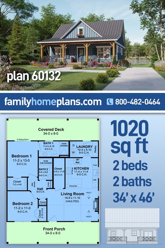 Cottage, Country, Farmhouse, Ranch House Plan 60132 with 2 Beds, 2 Baths