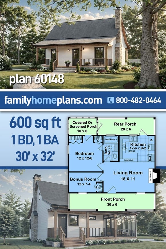 Cottage, Country, Farmhouse House Plan 60148 with 1 Beds, 1 Baths